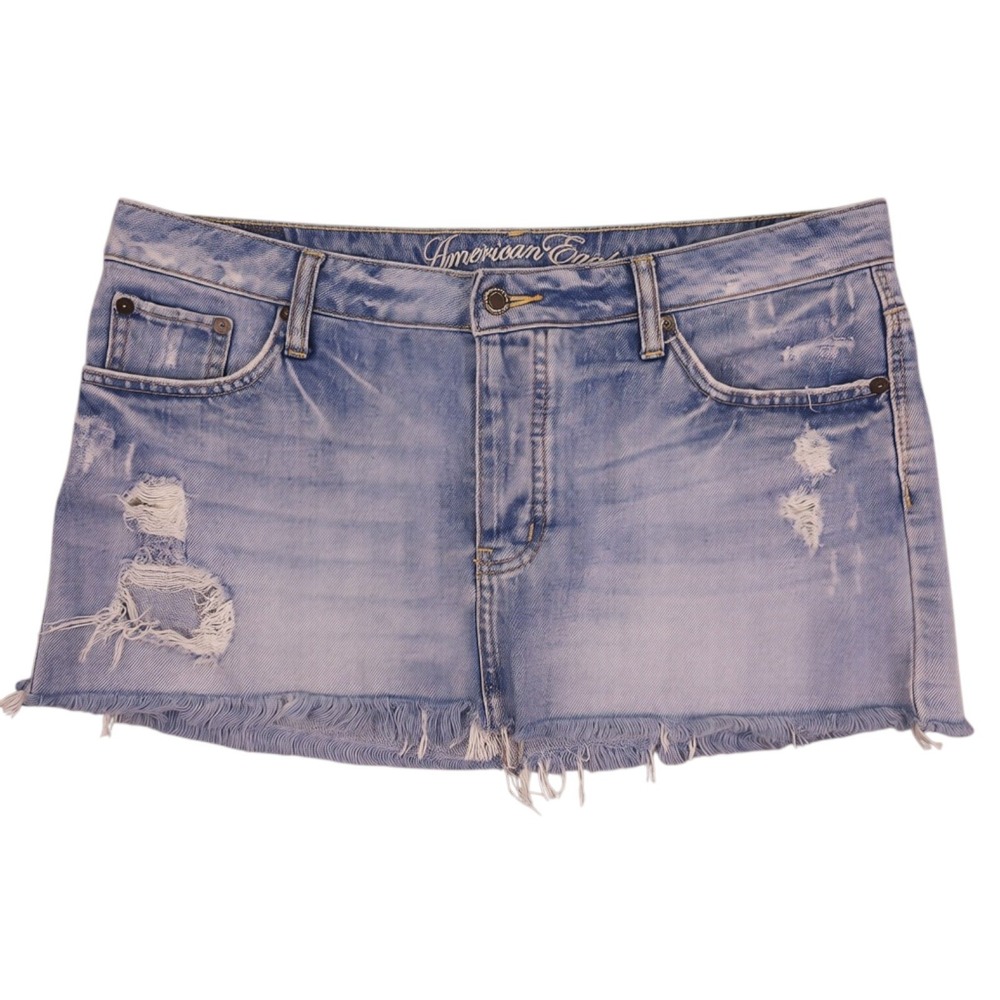 American Eagle Denim Mini Skirt Womens 12 Blue Distressed Frayed Raw Hem Y2K 90s